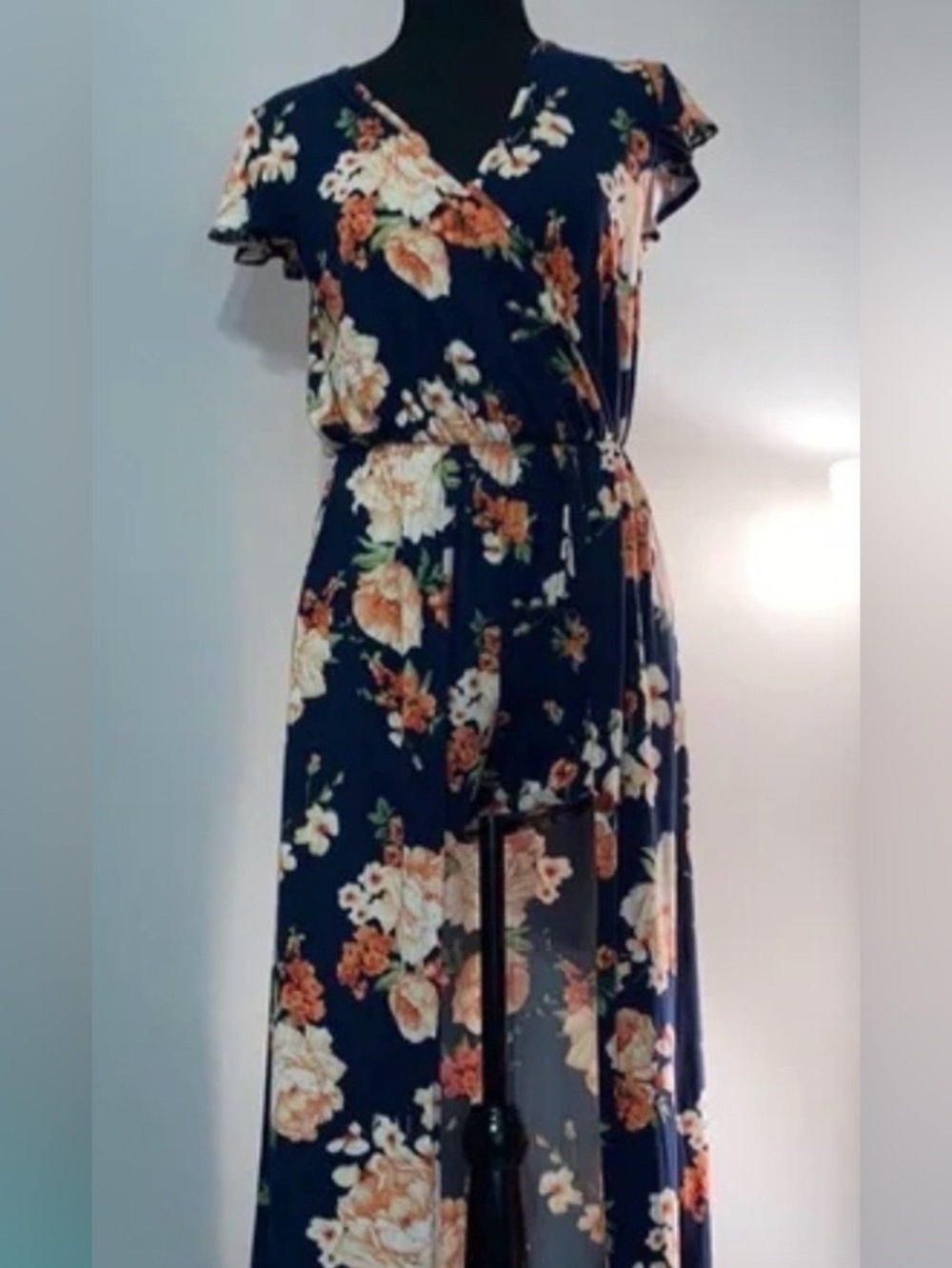 Caution To The Wind Navy Maxi Dress with Peach Floral Print - Small
